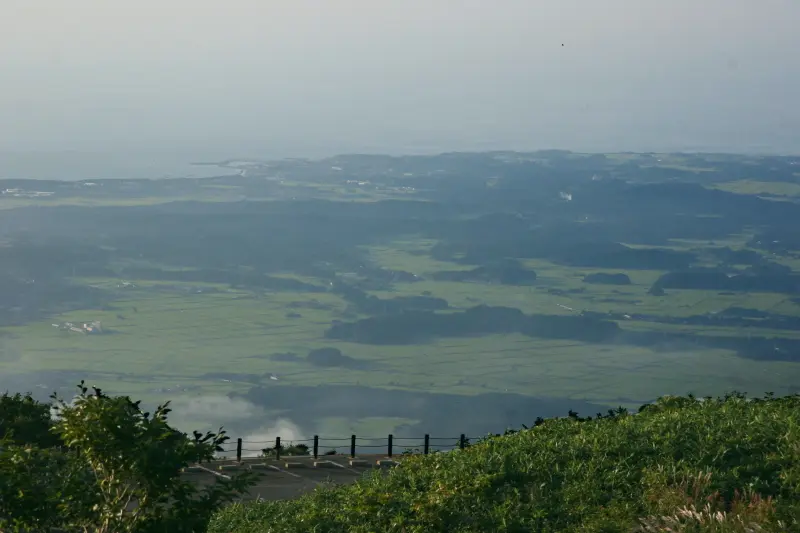 眼下に広がる田園風景とその先に見える日本海