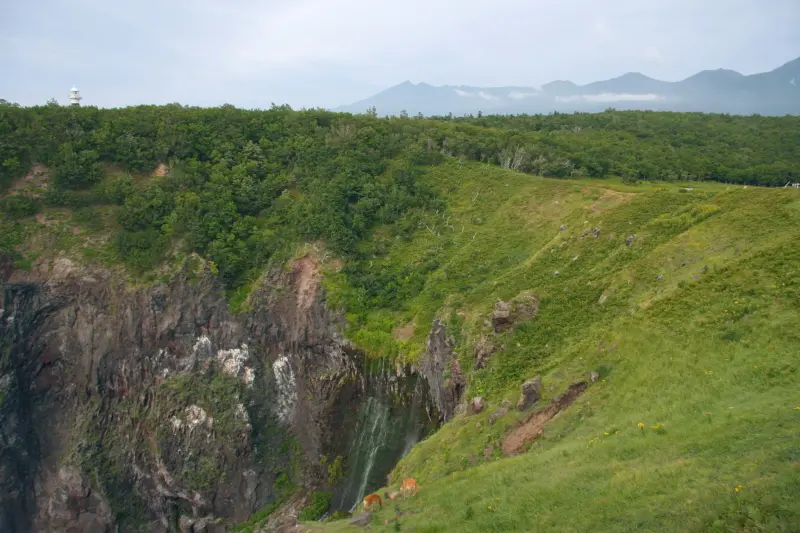 断崖絶壁の中を流れ落ちる知床のフレペの滝