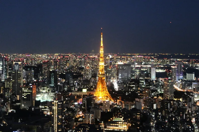 夜景の中でひときわ目立っている東京タワーのライトアップ