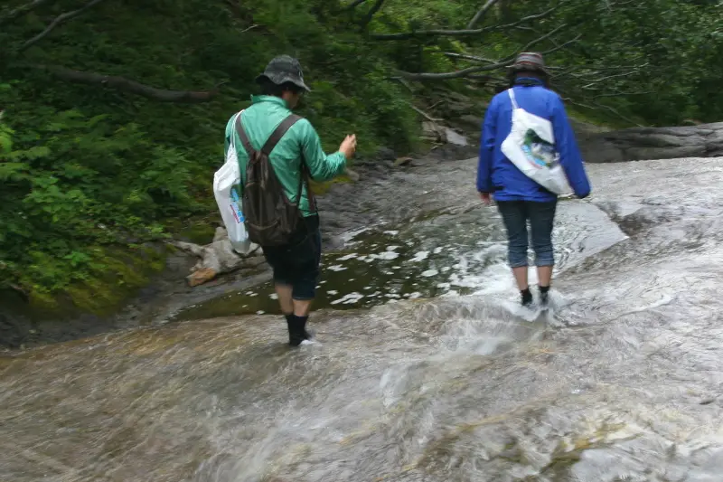 靴を脱いで川の中を歩き上流の滝を目指す沢登りコース