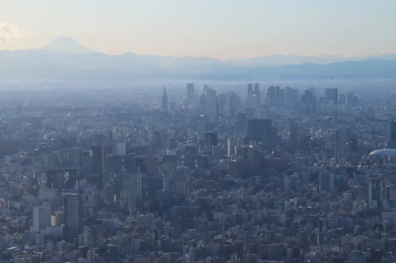 新宿方向の景色。写真左上に見えるのは富士山