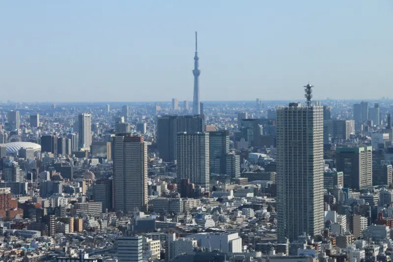 東方向に小さく見える高さ６３４ｍの東京スカイツリー
