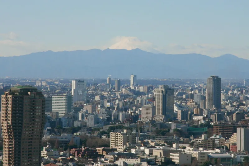 距離にして１００ｋｍ離れていて雪景色の山頂が見える富士山