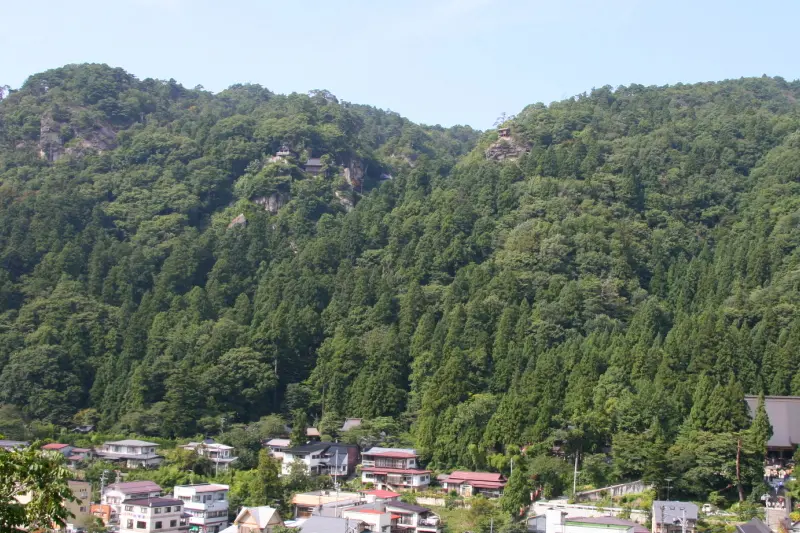 山の上に立石寺の建物が見える光景