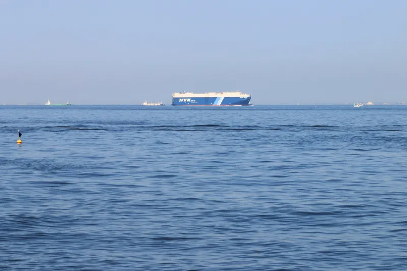 遠くを航行する自動車運搬船も見え東京湾を一望