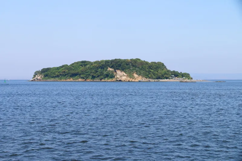 船から眺める猿島は緑に覆われドーム球場ほどの小さな島