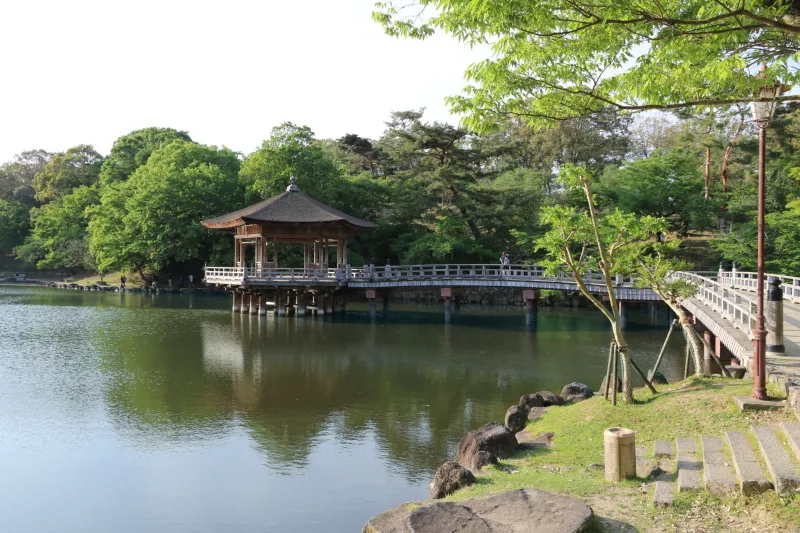 桜や紅葉の名所としても有名な鷺池に浮かぶ浮見堂