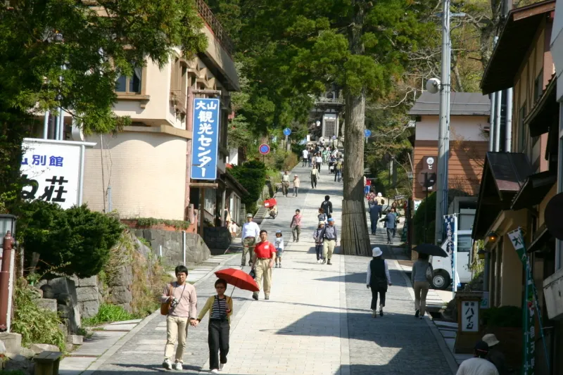 大山寺へ上り坂が真っ直ぐ延びる表参道 