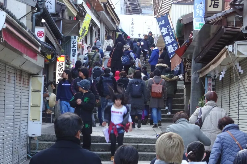 通りにはお店が軒を連ね、狭い石段に人があふれる光景 