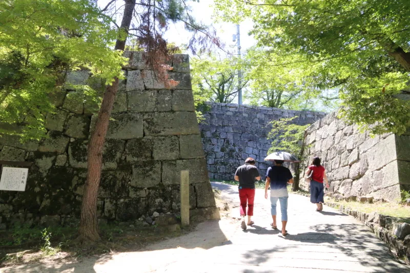 石垣やお堀などが現存し、歴史散策のできる園内 