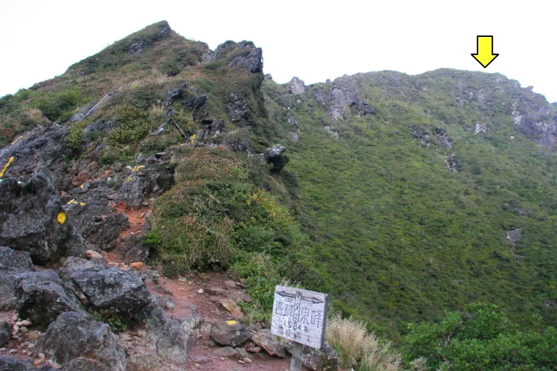 マタエから眺める西峰の山頂（矢印のところ） 