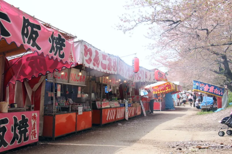 桜の季節になると多くの花見客が訪れ、川沿いにたくさん並ぶ露店 